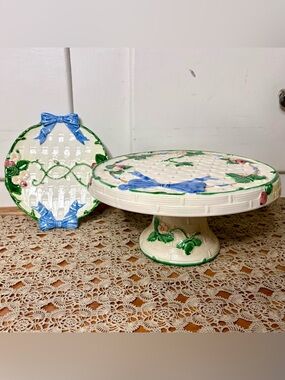 Vintage Haldon Group Japan Strawberry Basketweave Majolica Cake Stand Plate Set